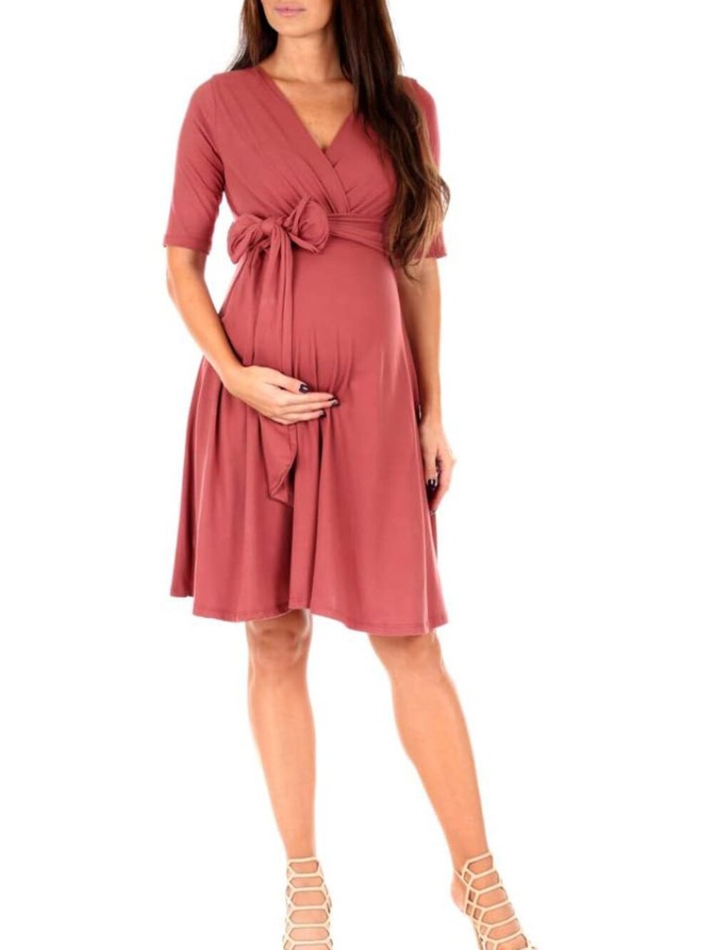 Rust-Color Mother Bee Maternity Faux Wrap Dress